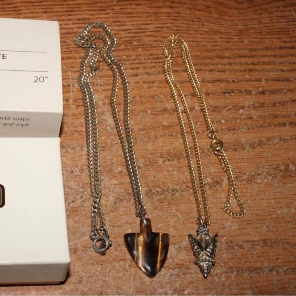 AVON 1981 Genuine Tiger’s Eye and Gold/Silver Arrowhead pendants